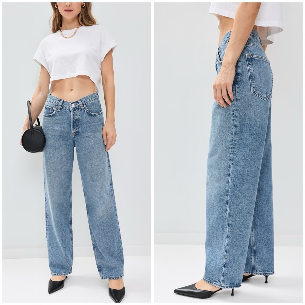 Agolde V Waist Wide Leg Flare Jeans in Light Blue Wash